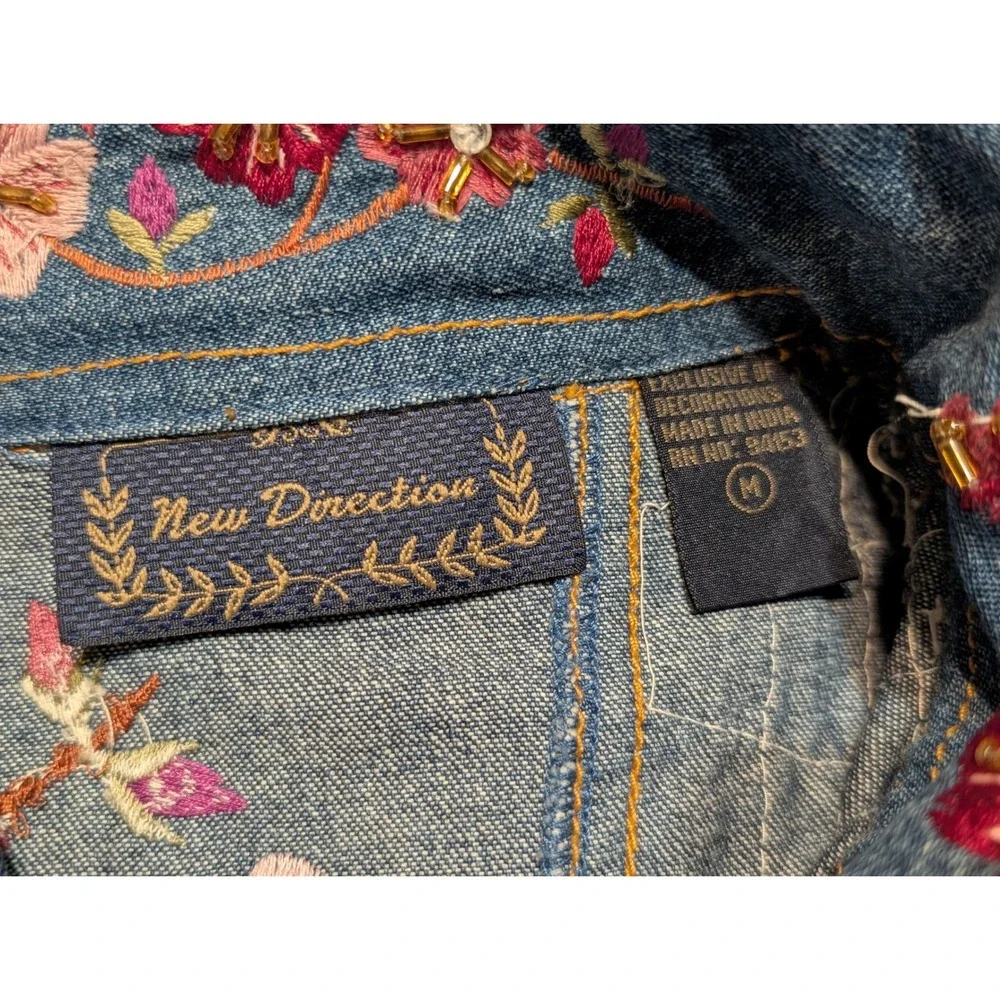 New Direction Womens Denim Jacket Blue Patchwork Floral Embroidered‎ Sequins